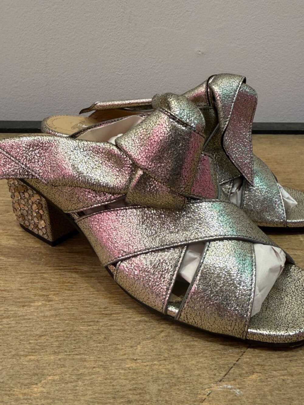 Chloe Silver Metallic Leather Rhinestone Crystal Block Heel Mule Slides 38.5 - Picture 4 of 14